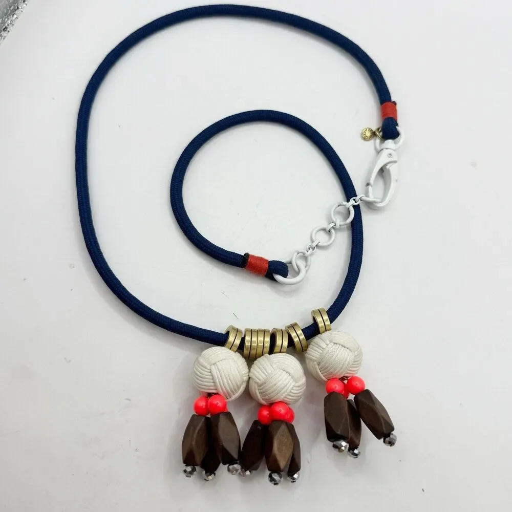 J Crew Nautical boho Rope Ball Wooden Bead Long Necklace Blue Orange Gold 30